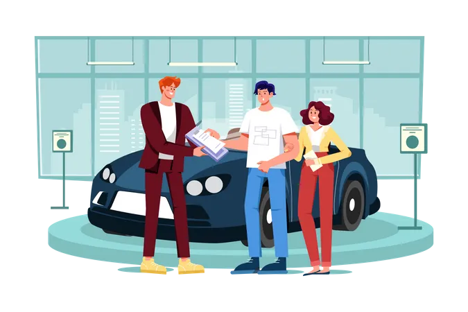 Concesionario de automóviles explicando el contrato de venta a la pareja que compra un automóvil  Ilustración