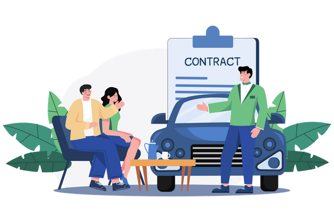 Concesionario de automóviles explicando el contrato de venta a una pareja que compra un automóvil  Ilustración