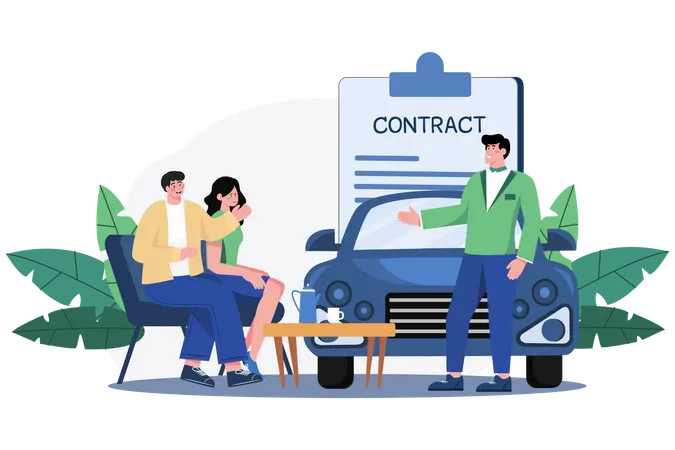 Concesionario de automóviles explicando el contrato de venta a una pareja que compra un automóvil  Ilustración
