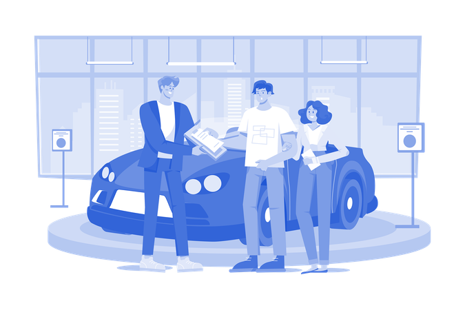 Concessionnaire automobile expliquant le contrat de vente au couple achetant une voiture  Illustration