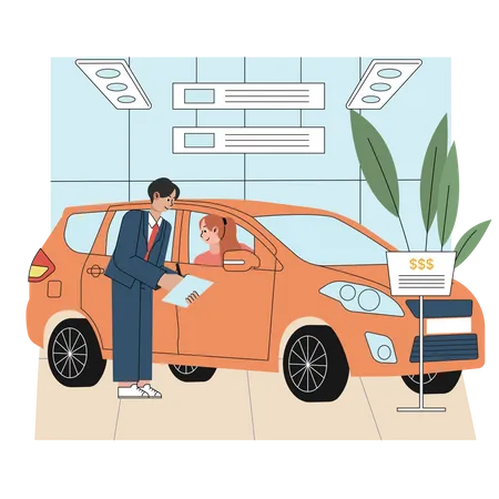 Concessionnaire automobile montrant les caractéristiques de la voiture au client  Illustration