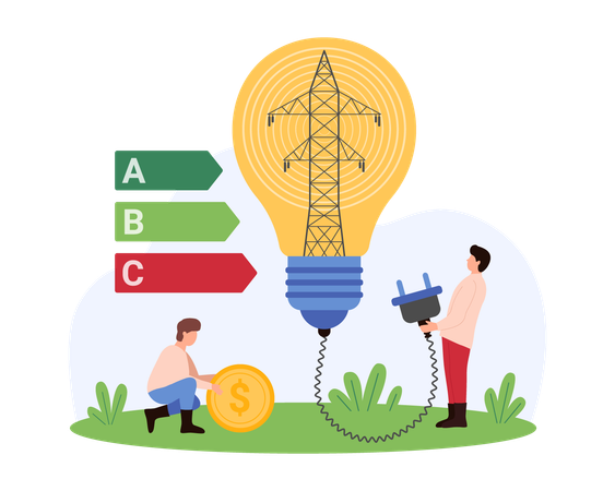 Personas concienciando sobre el ahorro eléctrico  Ilustración
