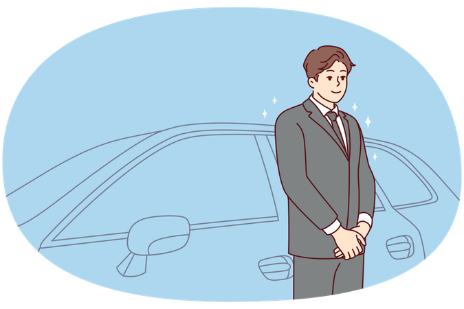 Conducteur de voiture en costume debout près de la voiture  Illustration