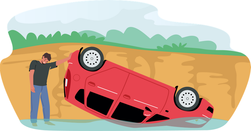 Un conducteur triste se tient près d'une voiture cassée  Illustration