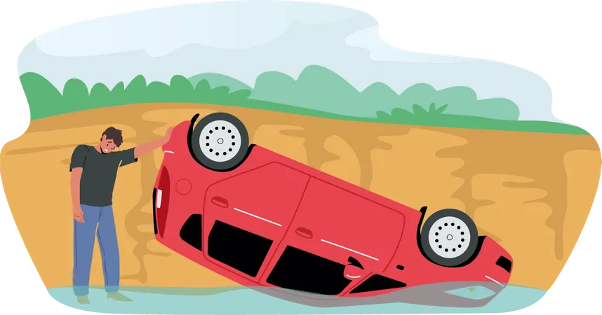 Un conducteur triste se tient près d'une voiture cassée  Illustration