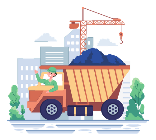 Conductor de camión levantando la mano mientras está sentado en un camión de construcción  Ilustración