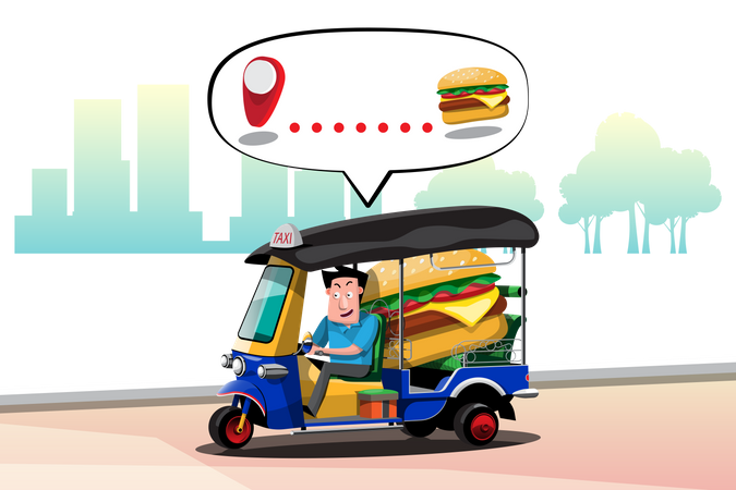 Conductor de tuk tuk entrega hamburguesa  Ilustración