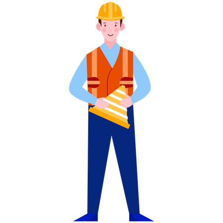 Trabalhador segurando cone de trânsito  Ilustração