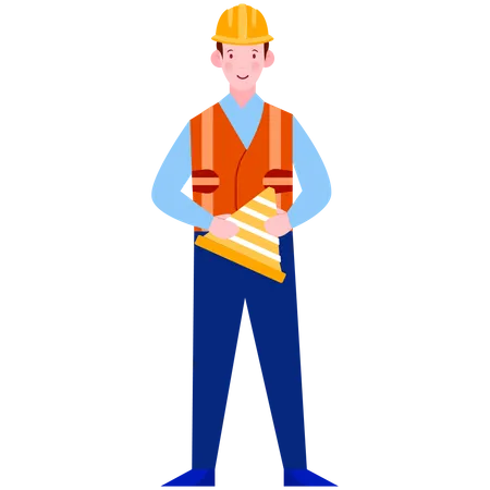 Trabalhador segurando cone de trânsito  Ilustração
