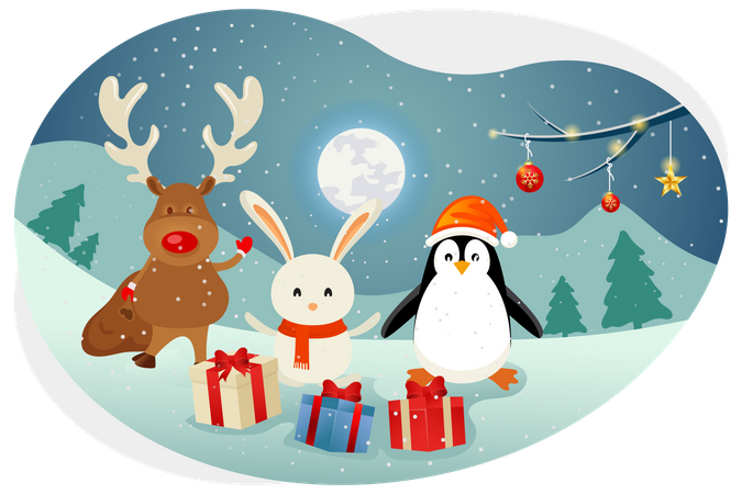 Conejito navideño con renos y pingüinos.  Ilustración