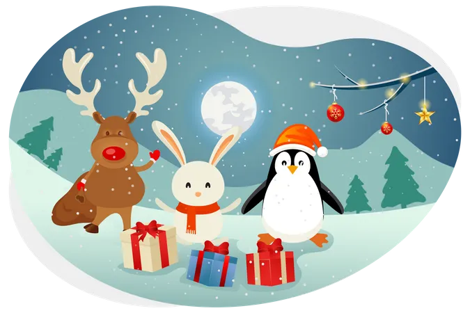 Conejito navideño con renos y pingüinos.  Ilustración