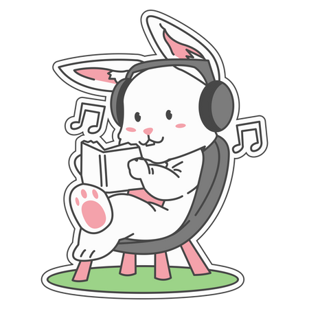 Bunny leyendo un libro mientras escucha música.  Ilustración