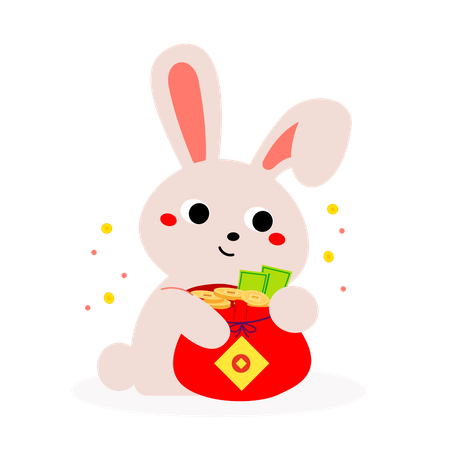 Conejo con bolsa de dinero china  Ilustración