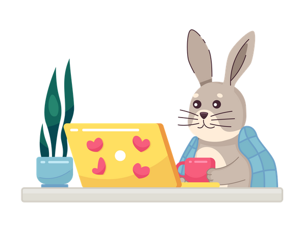 Conejo cubierto de manta mirando la computadora portátil  Ilustración