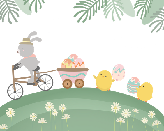 Conejo montando bicicleta con huevos de pascua y pollito sosteniendo huevo  Ilustración