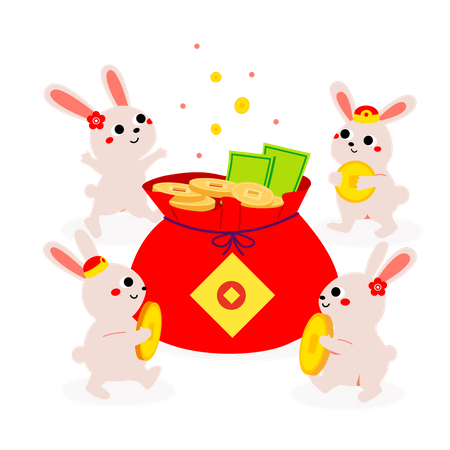 Conejos con bolsa de dinero china.  Ilustración