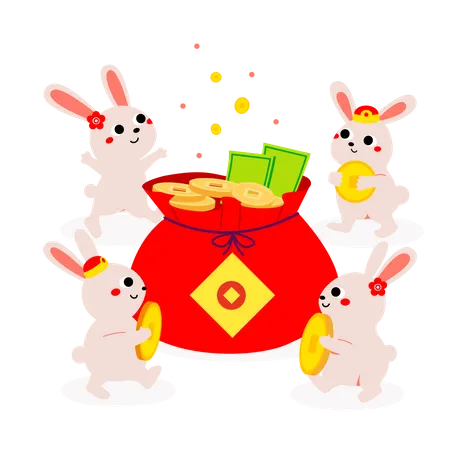 Conejos con bolsa de dinero china.  Ilustración