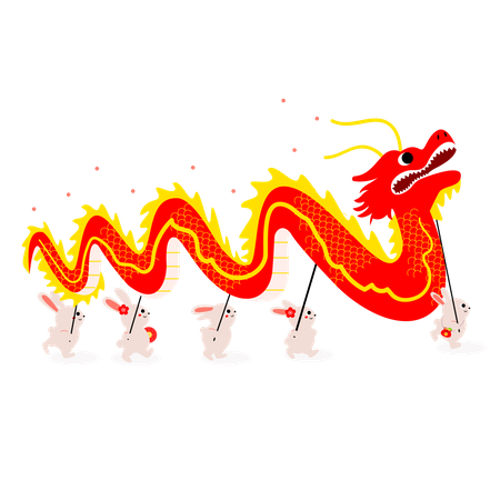 Conejos haciendo la tradicional danza del dragón chino.  Ilustración
