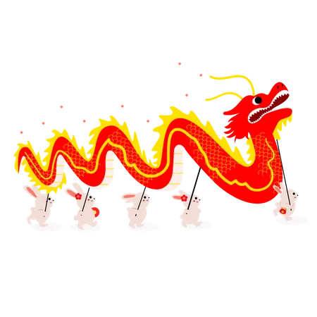 Conejos haciendo la tradicional danza del dragón chino.  Ilustración