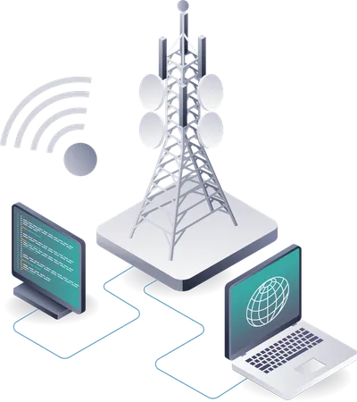 Conexión de redes de torres de computadoras para tecnología de la información y datos  Ilustración