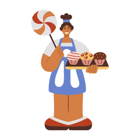 Confectioner holding cupcake tray and big lollipop  Illustration