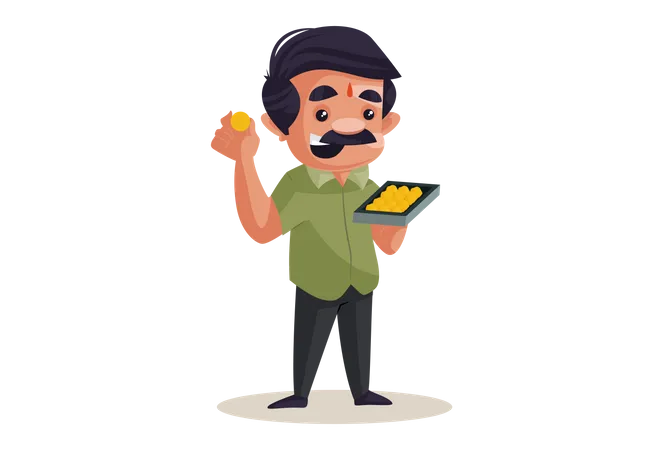 Confectioner holding Laddu sweet tray in hand  Illustration