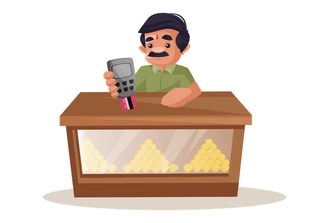 Confectioner holding swipe machine and card in hand for payments  Illustration