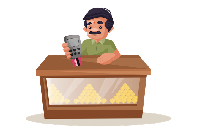 Confectioner holding swipe machine and card in hand for payments  Illustration