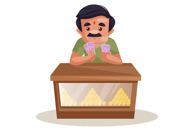 Confectioner is counting money on desk Illustration