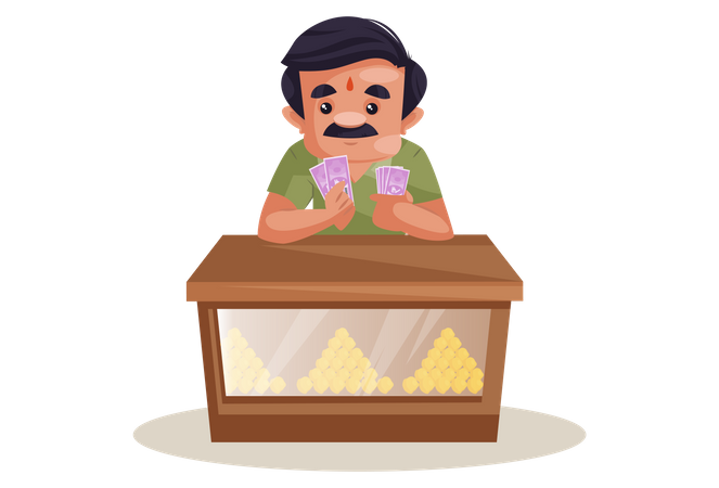 Confectioner is counting money on desk  Illustration