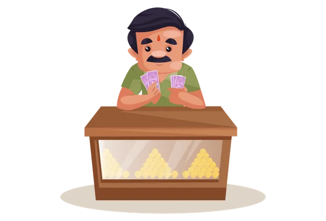 Confectioner is counting money on desk  Illustration