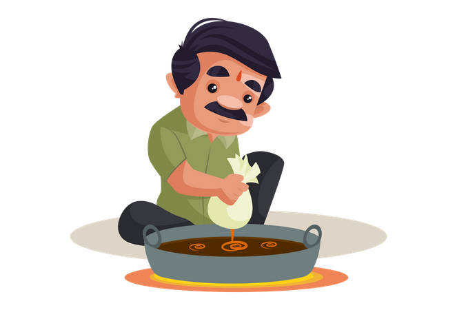 Confectioner is making sweet jalebi in a big pot  Illustration