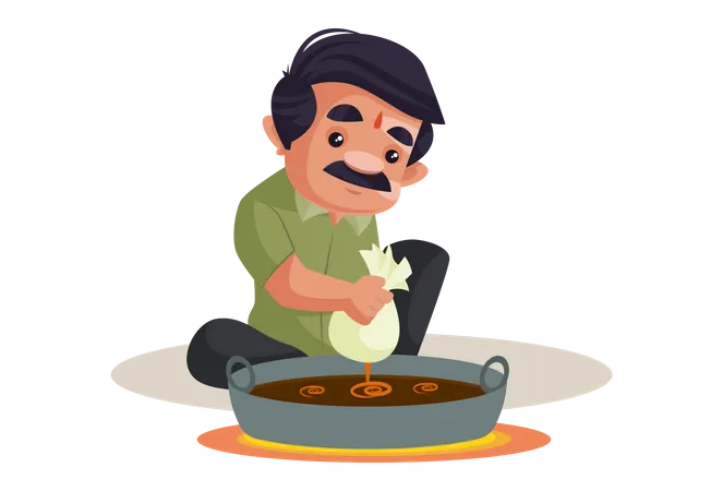 Confectioner is making sweet jalebi in a big pot  Illustration