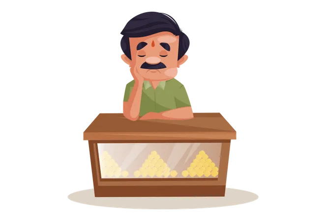 Confectioner is sitting sad because of no business  イラスト
