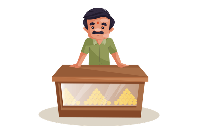 Confectioner is standing on counter stall  Illustration