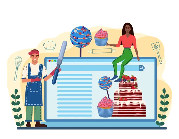 Confectioner Online Service Or Platform Professional Confectioner Chef Making Different Sweets Baker Cooking A Cake For Celebration Website Vector Illustration Illustration