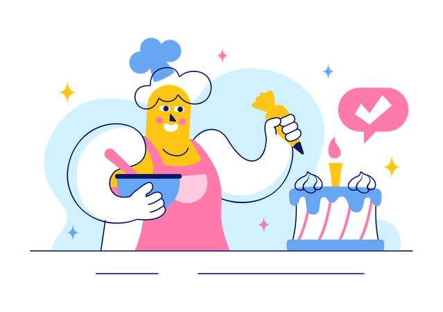 Confectioner prepares pastry for birthday  Illustration
