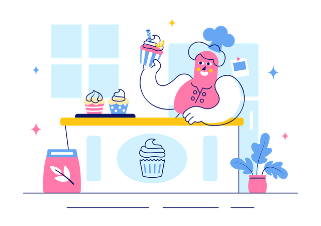 Confectioner prepares pastry for birthday  Illustration