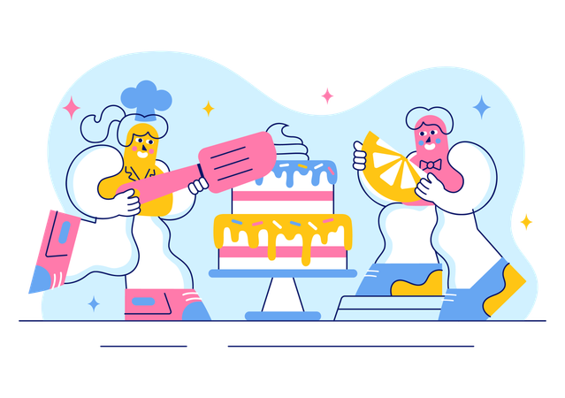 Confectioner prepares pastry for birthday  Illustration