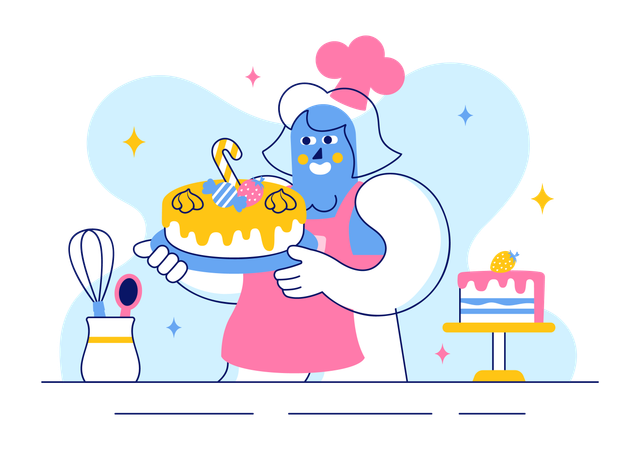 Confectioner prepares pastry for birthday  Illustration