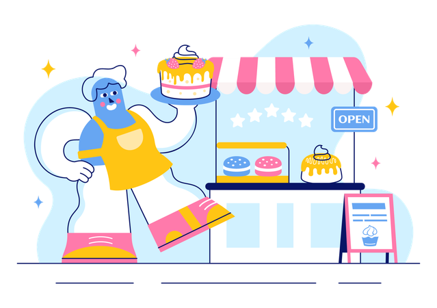 Confectioner prepares pastry for birthday  Illustration