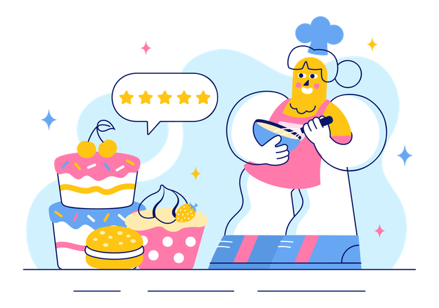 Confectioner prepares pastry for birthday  Illustration