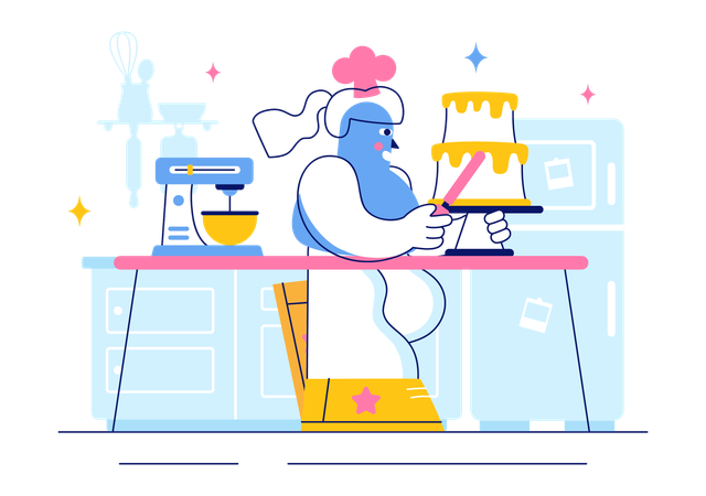 Confectioner prepares pastry for birthday  Illustration