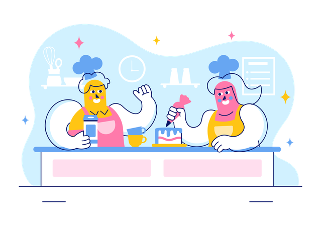 Confectioner prepares pastry for birthday  Illustration