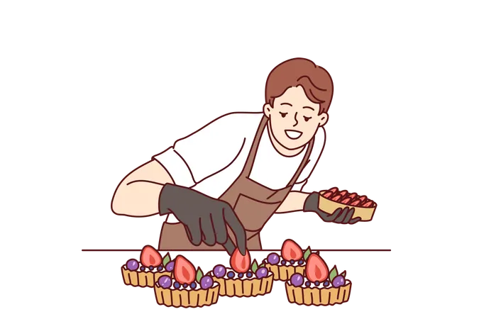 Man Confectioner Prepares Sweet Dessert With Berries And Butter Cream For Sale In Coffee Shop Or Restaurant Guy In Apron Stands At Kitchen Table Making Delicious Dessert For Bakery Visitors Illustration