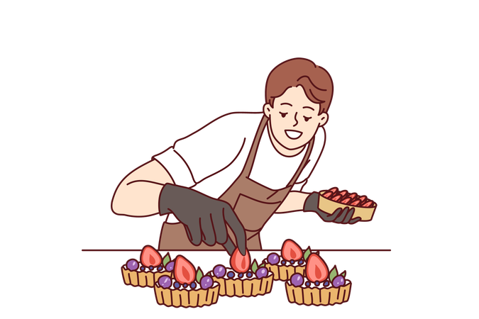 Confectioner prepares strawberry cupcake  Illustration