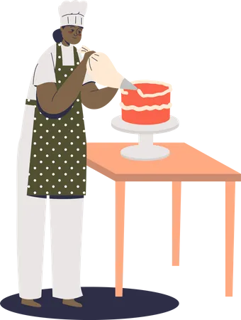Confeiteira feminina decorando bolo de férias com creme de saco de confeitar  Ilustração