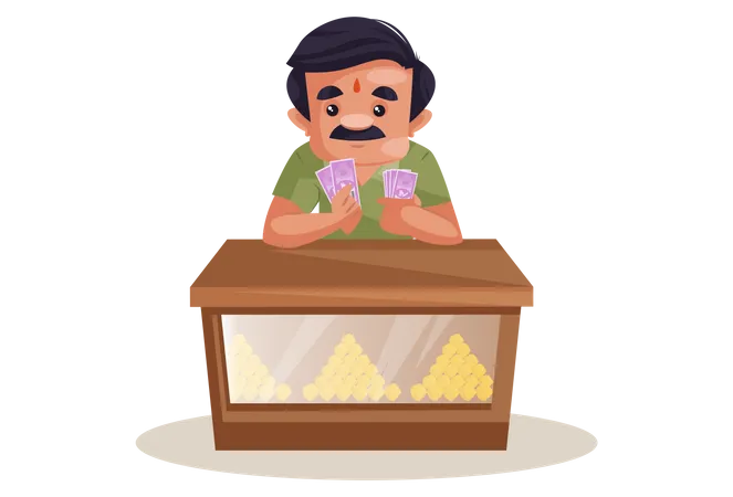 Confeiteiro está contando dinheiro na mesa  Ilustração