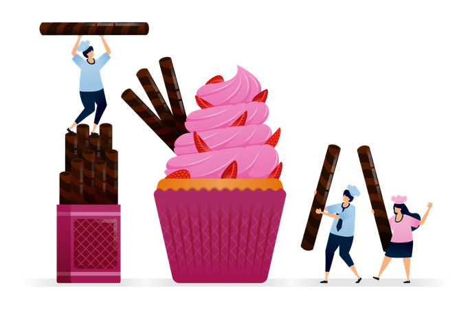 Chef faz cobertura de cupcake com pedaços de morango vermelho e cobertura rosa com rolinhos de wafer  Ilustração