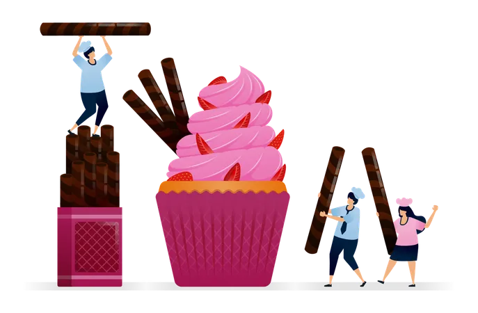 Chef faz cobertura de cupcake com pedaços de morango vermelho e cobertura rosa com rolinhos de wafer  Ilustração